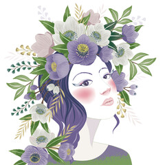 Vector illustration of a girl with floral headdress in spring for Wedding, anniversary, birthday and party. Design for banner, poster, card, invitation and scrapbook	