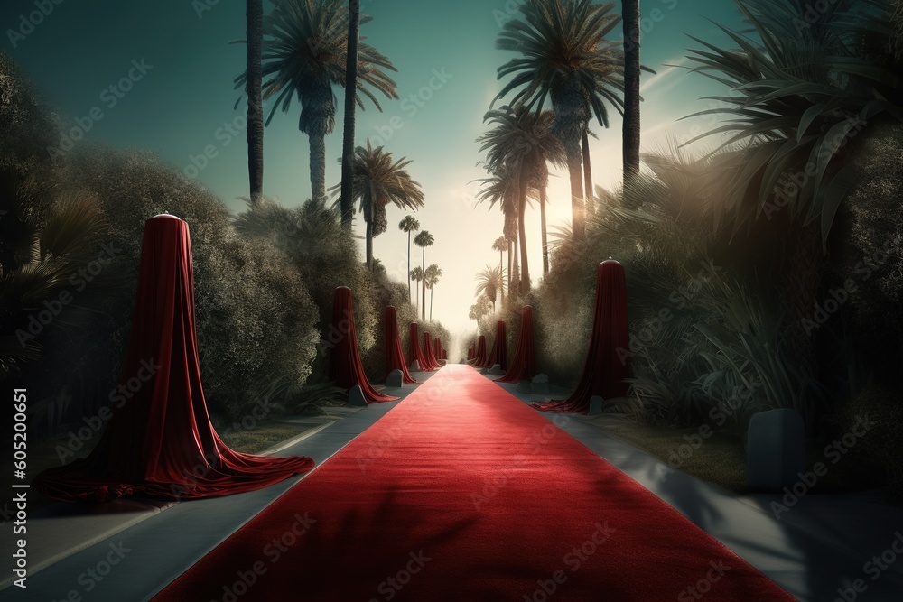 Poster a pathway covered in crimson carpet with palm palms growing in the backdrop generative ai