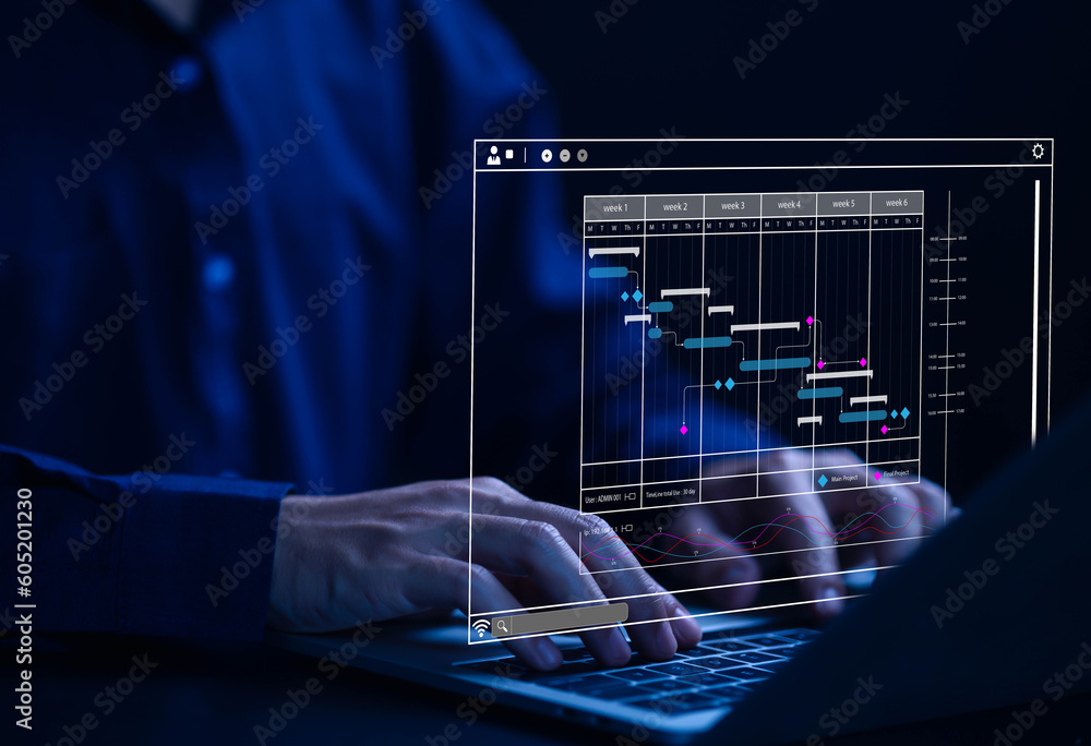 Poster business manager managing business planning project schedules in the office. gantt chart showing on 