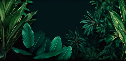 Tropical banner with exotical foliage on a green background. Place for text. Mockup for invitation, web covers, ads. Minimal, nature,organic concept. Generative ai