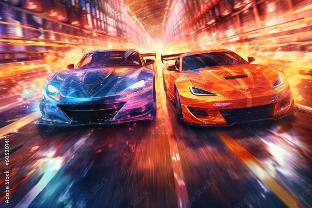 Wall mural illustration of two sports cars side by side, with one overtaking the other on a race track, capture