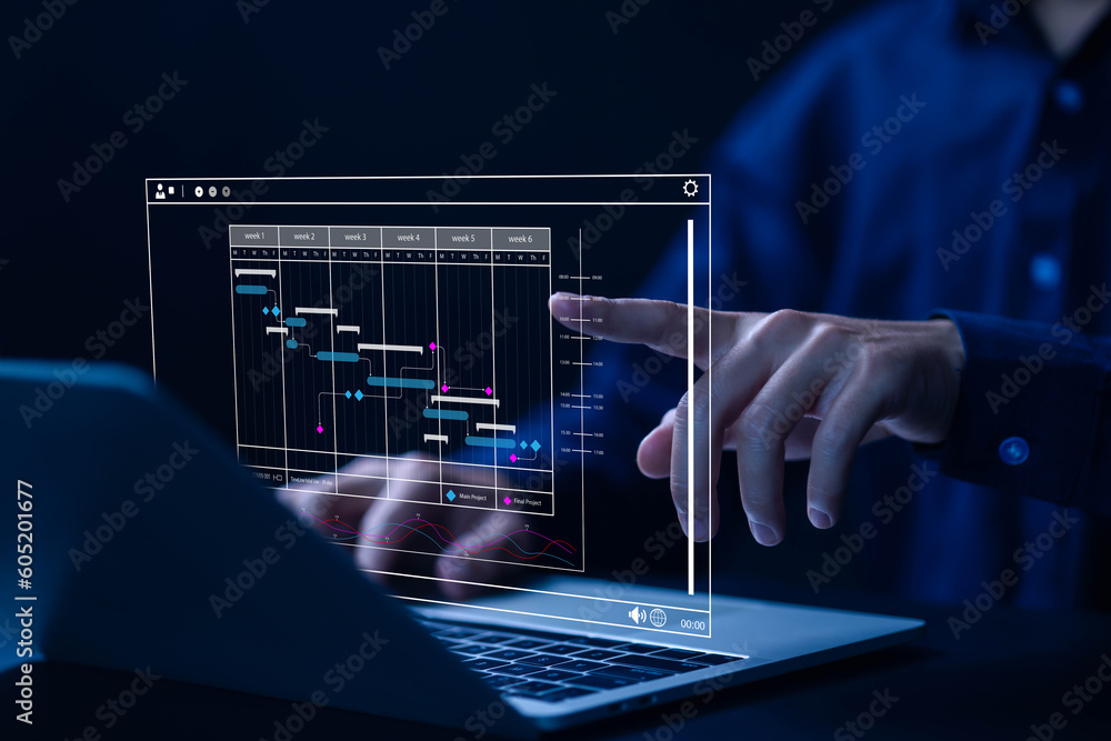 Poster business manager managing business planning project schedules in the office. gantt chart showing on 