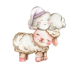 Watercolor cute white fluffy sheep and cute cloud on it's head. Illustration of farm baby animal. Perfect for wedding invitation,greetings card,poster, fabric patterns.