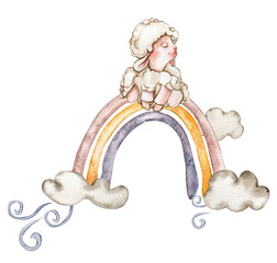 Cute white fluffy sheep sitting on the rainbow and clowds arround it. Illustration of farm baby animal . Perfect for wedding invitation,greetings card, poster, fabric pattern.
