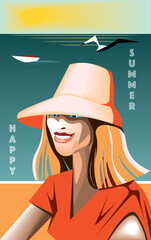 'happy summer' concept illustration with blond smiling woman with sun hat near the sea beach with a boat and seagull.