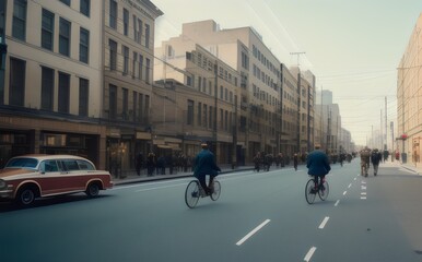 Fototapeta premium a city street with people riding bikes - Generative AI