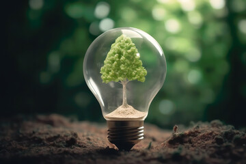 Light bulb with green tree inside. Sustainable, ecology, renewable energy and recycling. Generative Ai