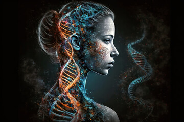Abstract Woman portrait among DNA chains. Medical science and biotechnology concept. Generative Ai - 605204015