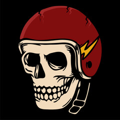 illustration vector of skeleton skull head wearing red helmet with lightning