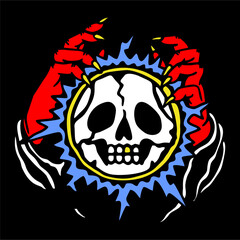  illustration vector of skull head inside magic ball with red devil hand