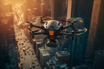 Small drone with camera flies over a city in a surveillance role, gerenative AI