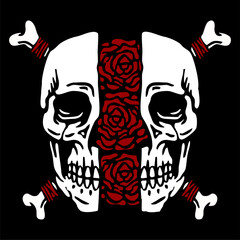 illustration vector of skeleton skull head with x bones and many roses