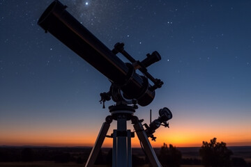 Astronomical telescope under a twilight sky ready for stargazing