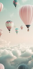 Naklejka premium Beautiful vertical backgorund with hot air balloons up in the sky, in pastel colors. Generative Ai