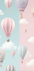Beautiful vertical backgorund  with hot air balloons up in the sky, in pastel colors. Generative Ai