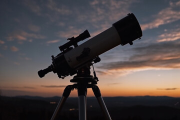 Astronomical telescope under a twilight sky ready for stargazing