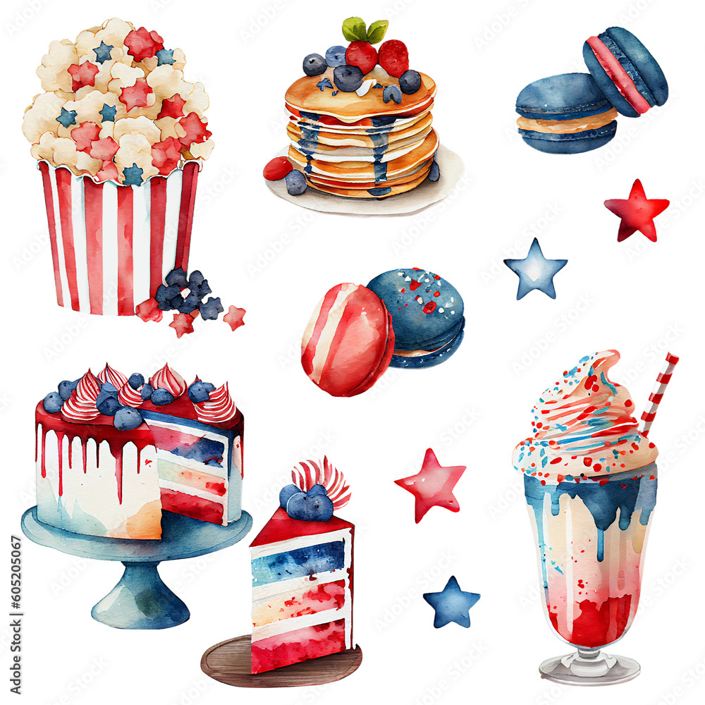 Wall mural 4th of July Watercolor Clipart, desserts in red blue white