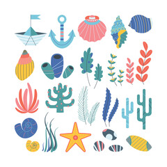 Set of marine elements of seaweed, seashells, starfish, stones, anchor, ship in flat cartoon style.