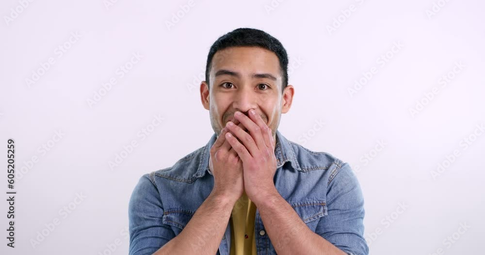 Poster wow, face and an asian man with surprise and excited isolated on a white background in a studio. hap