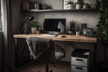 An image showcasing a well-organized home office setup, featuring a neat desk, office supplies, and a laptop, representing productivity and modern work-from-home culture.