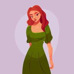 Beautiful Young Woman Model in a Green Dress. Cartoon Girl Character.  Game Personage. Vector Illustration.