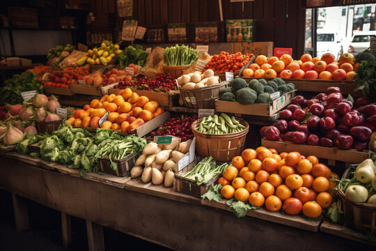 A photo capturing a vibrant farmer's market stand filled with fresh, organic fruits and vegetables, focusing on the variety of colorful produce, symbolizing healthy living and sustainable agriculture.