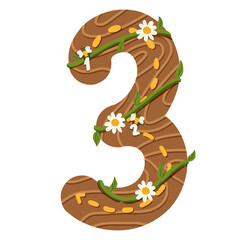 Count numbers 3, writing practice font suitable for education Teachers who need to start training children to count 3 numbers decorate with flowers and plants, encouraging children to love nature.