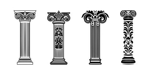 Pillar Icon, Greek Column Silhouette Set, Ancient Roman and Egyptian Pillars, Ionic Classical Architecture