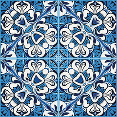 Blue Tiles Background, Old Fasion Retro Azulejo Mosaic Tile, Vintage Portuguese Wall Ceramic Seamless Pattern