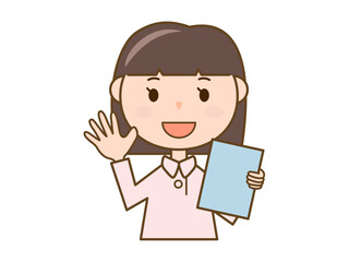 カルテを持って挨拶をする看護師さん_ピンク白衣を着た女性のイラスト_ボブ