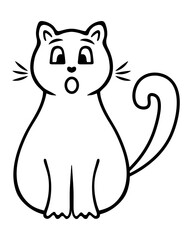 Kitty. A cat with a surprised face. Sketch. Vector illustration. Mustachioed animal with tail raised up. Doodle style. Coloring book for children. Cute pet. Outlines on an isolated background. 