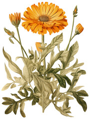 Calendula isolated on transparent background, old botanical illustration - obrazy, fototapety, plakaty