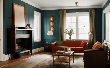 a living room with teal walls and a fireplace - Generative AI