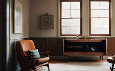 a living room with a brown chair and a radio - Generative AI
