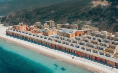 a beach with buildings and a blue ocean - Generative AI