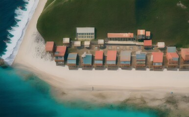 an aerial view of a beach with houses - Generative AI