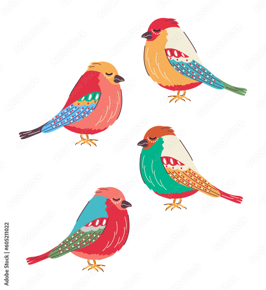 Poster set of trendy multicolored birds in hand drawn style. doodle. isolated. feathers. nest. groovy.vecto