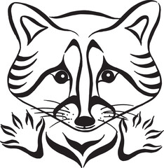 Black white raccoon head logo and icon. Funny raccoon head with paws drawing vector illustration isolated on white. Raccoon head logo. Tattoo design.