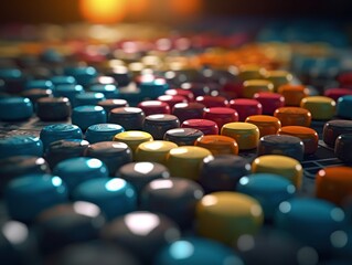 Obraz premium Many colorful pills on a dark background Geometric composition Created with Generative AI technology