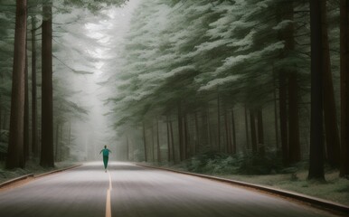a person walking down a road in the middle of a forest - Generative AI