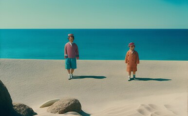 two children standing on a sand dune near the ocean - Generative AI