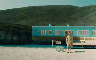 a man standing in front of a blue house on the beach - Generative AI