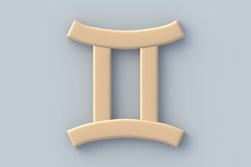 Gemini astrological sign. Metallic golden zodiac symbol. Horoscope and numerology. Astrological calendar. Top view. 3d render