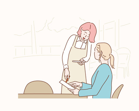 Woman ordering to waiter from the menu in a restaurant. Hand drawn style vector design illustrations.
