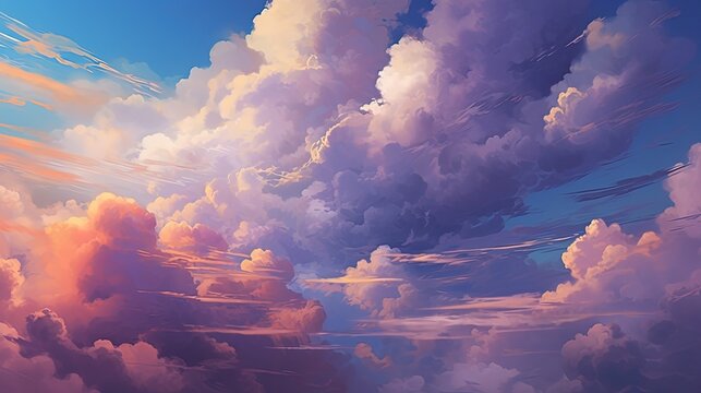 Fluffy or Billowy Clouds in Twilight, Beautiful Sky Landscape Background. Generative AI Technology.