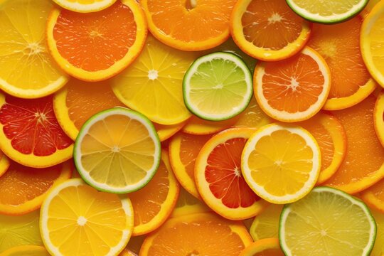 Seamless pattern with juicy orange, grapefruit and lime slices, organic fresh fruit background citrus endless texture. AI generative image.