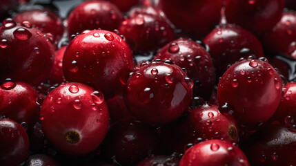 Fresh ripe cranberries with water drops background. Berries backdrop. Generative AI