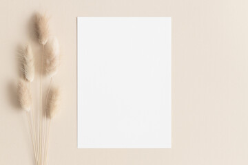 White invitation card mockup with a lagurus on the beige table. 5x7 ratio, similar to A6, A5.