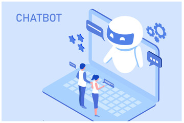Chatbot technology concept, couple chatting with robot, asking questions and receiving answers. AI assistant support vector illustration
Description13