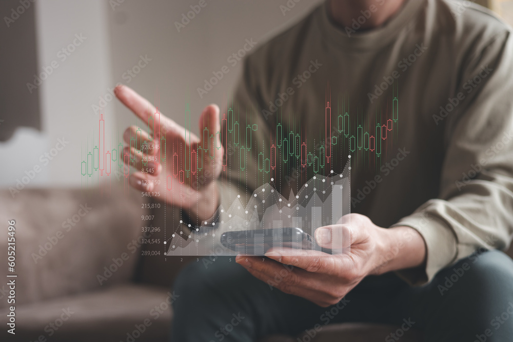 Aufkleber planning and strategy, stock market, trader or investor working at home. technical price graph and i
